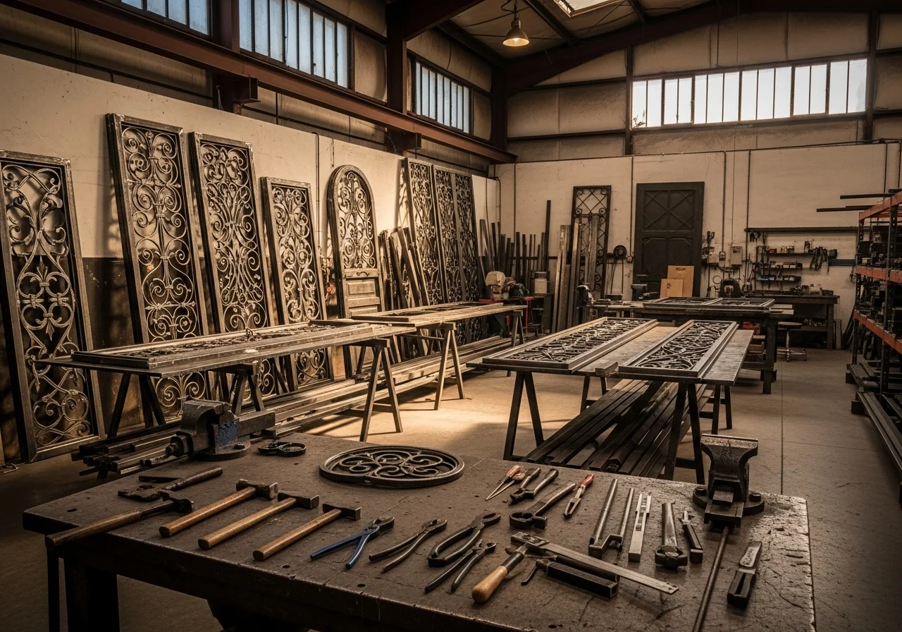 Steel fabrication workshop with tools, metal workpieces, and finished steel components on display.