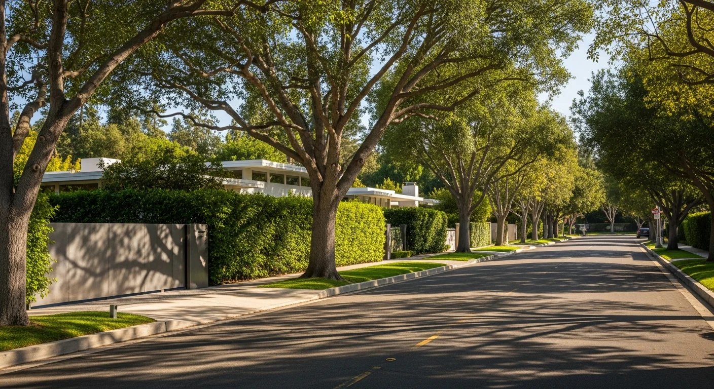 Tree-lined residential street in Brentwood with mid-century homes and manicured landscaping, typical of West Los Angeles neighborhoods.