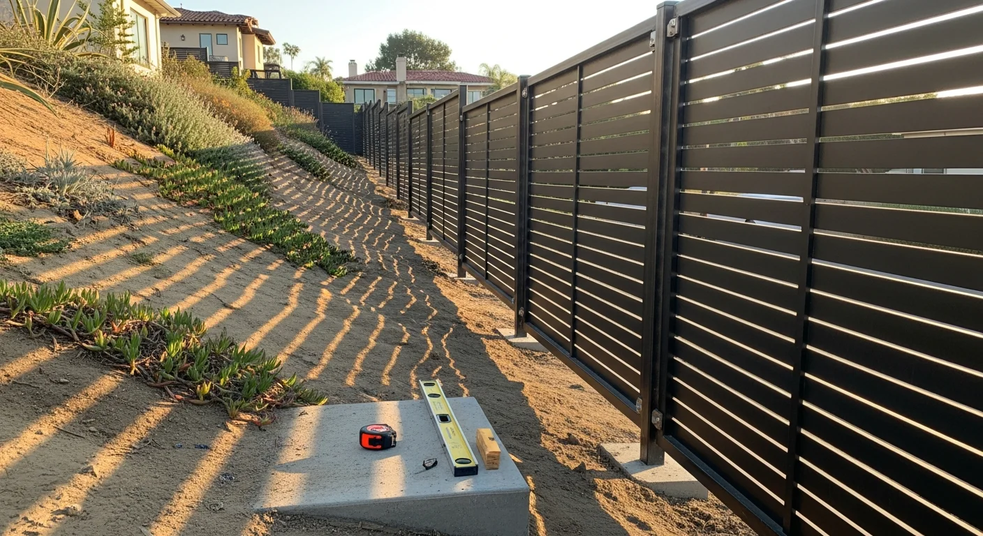 A custom steel fence designed and installed by Ogaz Steel Design on a West Los Angeles residential property, featuring clean vertical lines and a powder-coated finish that complements the home's modern exterior. The fence runs along the front property line with a matching driveway gate on a flat urban lot.