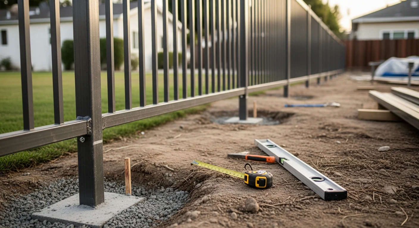 A custom steel fence installed along the rear yard boundary of a residential property in West Los Angeles. The fence features a clean vertical panel design with a matching gate on a compact urban lot.