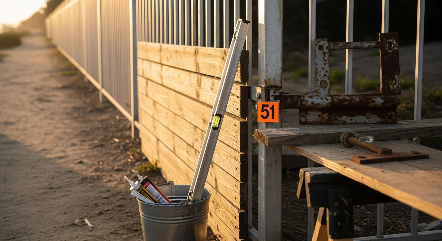 A repaired steel and wood fence along the side yard of a West Los Angeles residential property, with straightened posts and aligned panels. Close-up view shows clean metal welds and a properly latched gate in a densely built neighborhood setting.