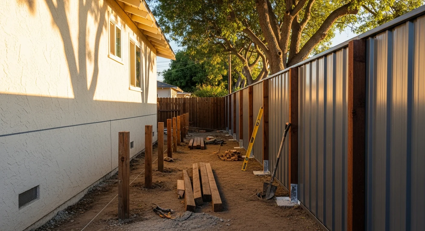 A newly installed steel fence along the property line of a West Los Angeles residential home, with clean post spacing and a finished gate visible at the driveway entry. The surrounding yard shows the old fence has been fully removed and the ground graded level along the fence base.