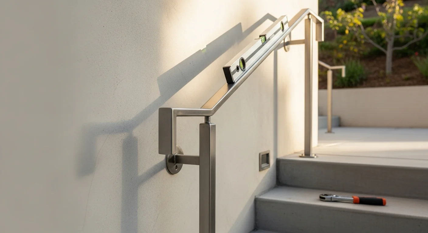 Custom steel handrail fabricated and installed by Ogaz Steel Design on an exterior concrete staircase at a West Los Angeles residential property. The handrail features clean welds and a dark powder-coat finish, anchored flush to the stair wall.
