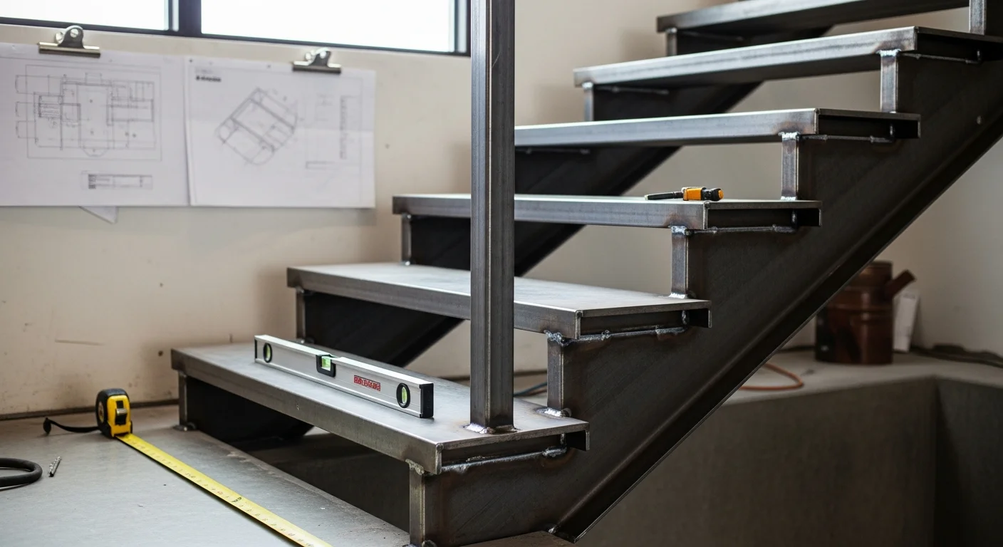 Custom fabricated steel staircase installed in a West Los Angeles residential property, showing welded metal stringers, open risers, and a powder-coated handrail. The staircase connects two interior floor levels in a modern home with limited floor space.