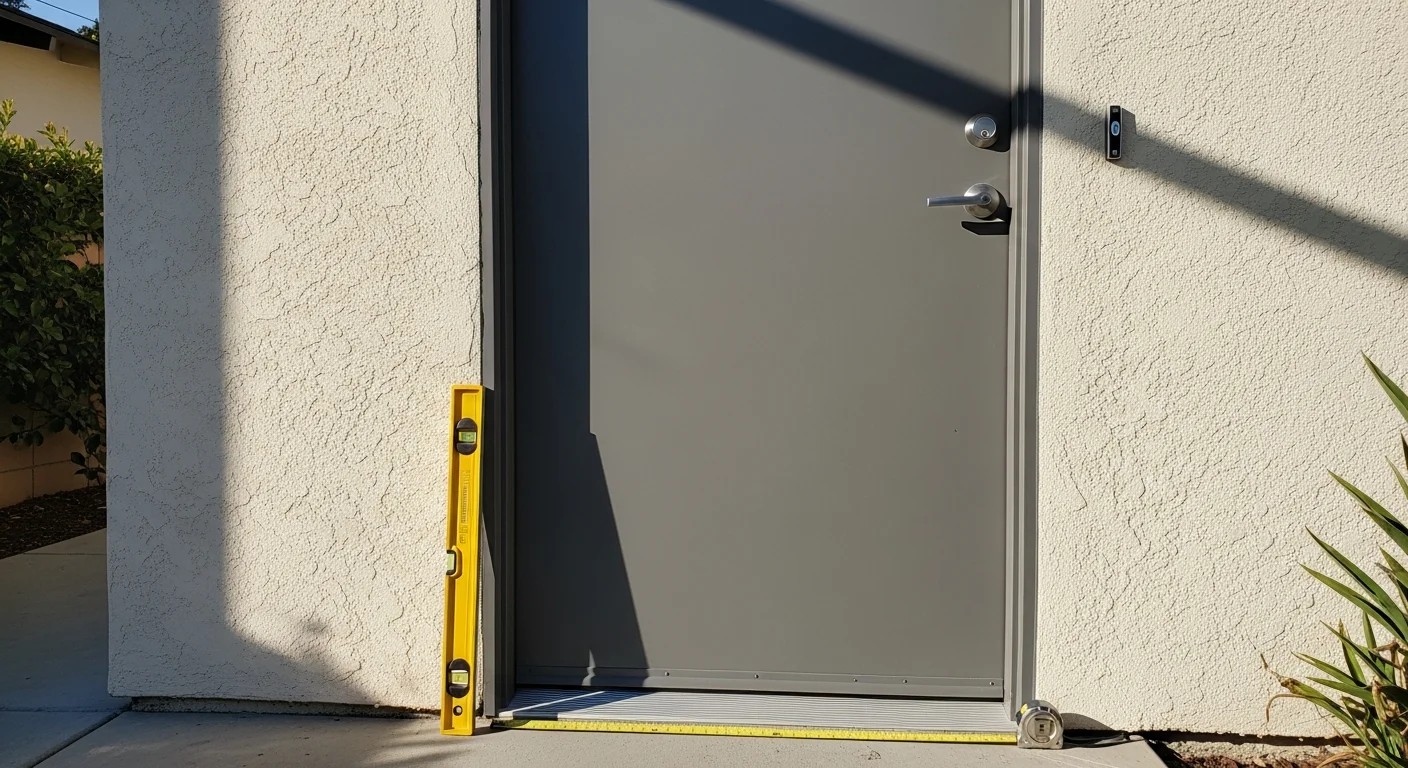 A custom fabricated steel entry door installed on a residential property in West Los Angeles, showing a clean metal frame and architectural finish. The door is set flush in a stucco exterior typical of West LA homes.