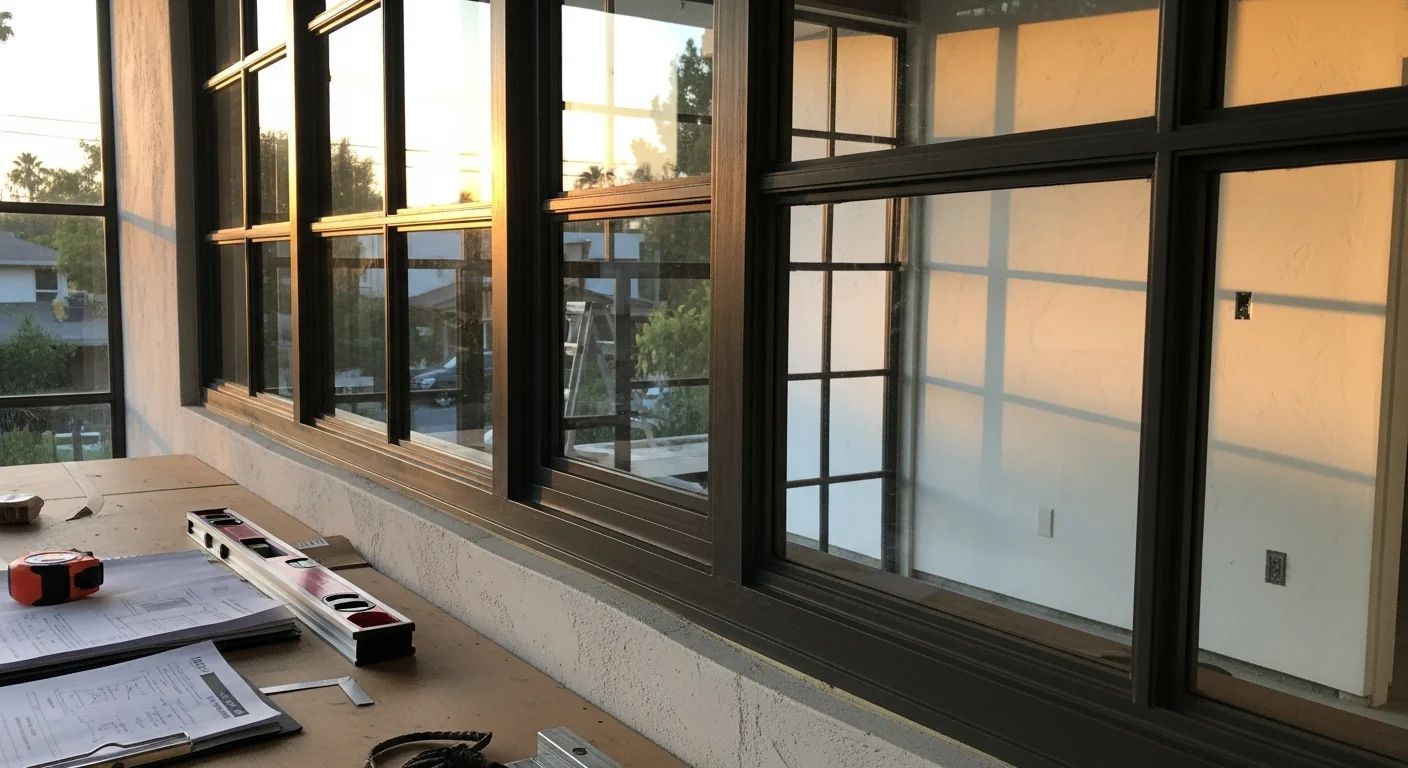 Custom steel-framed windows installed on a modern West Los Angeles residential property, showing slim black steel profiles and large glass panes set flush into an exterior stucco wall. The installation is photographed from the exterior, with the surrounding West Los Angeles streetscape visible in the background.