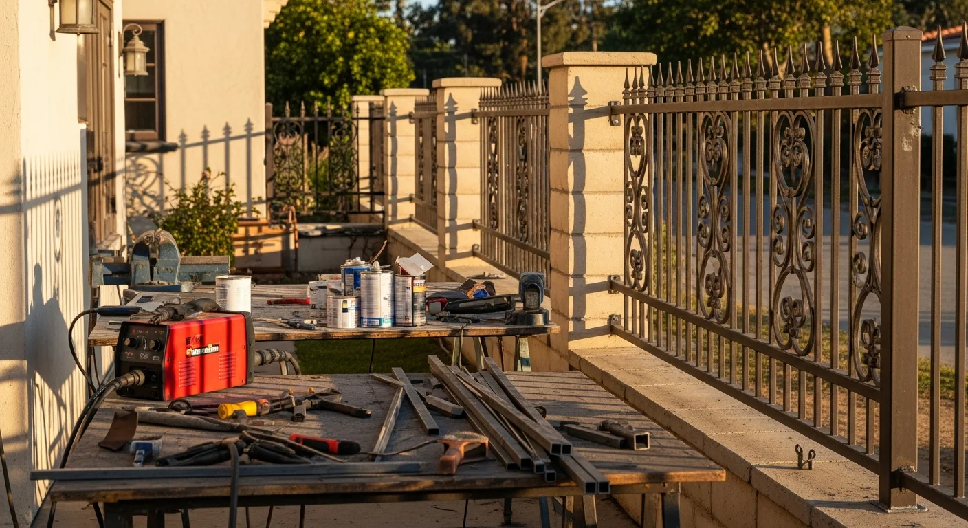 A custom black wrought iron perimeter fence installed along the front yard of a West Los Angeles residential property. The fence features vertical pickets with pointed finials and a matching swing gate at the entry.
